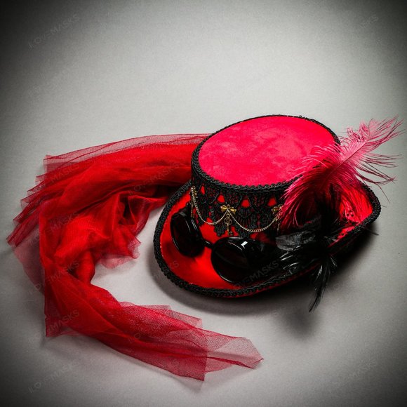 Lace Feather Victoria Steampunk Top Hat Goggle Red - Picture 3 of 9